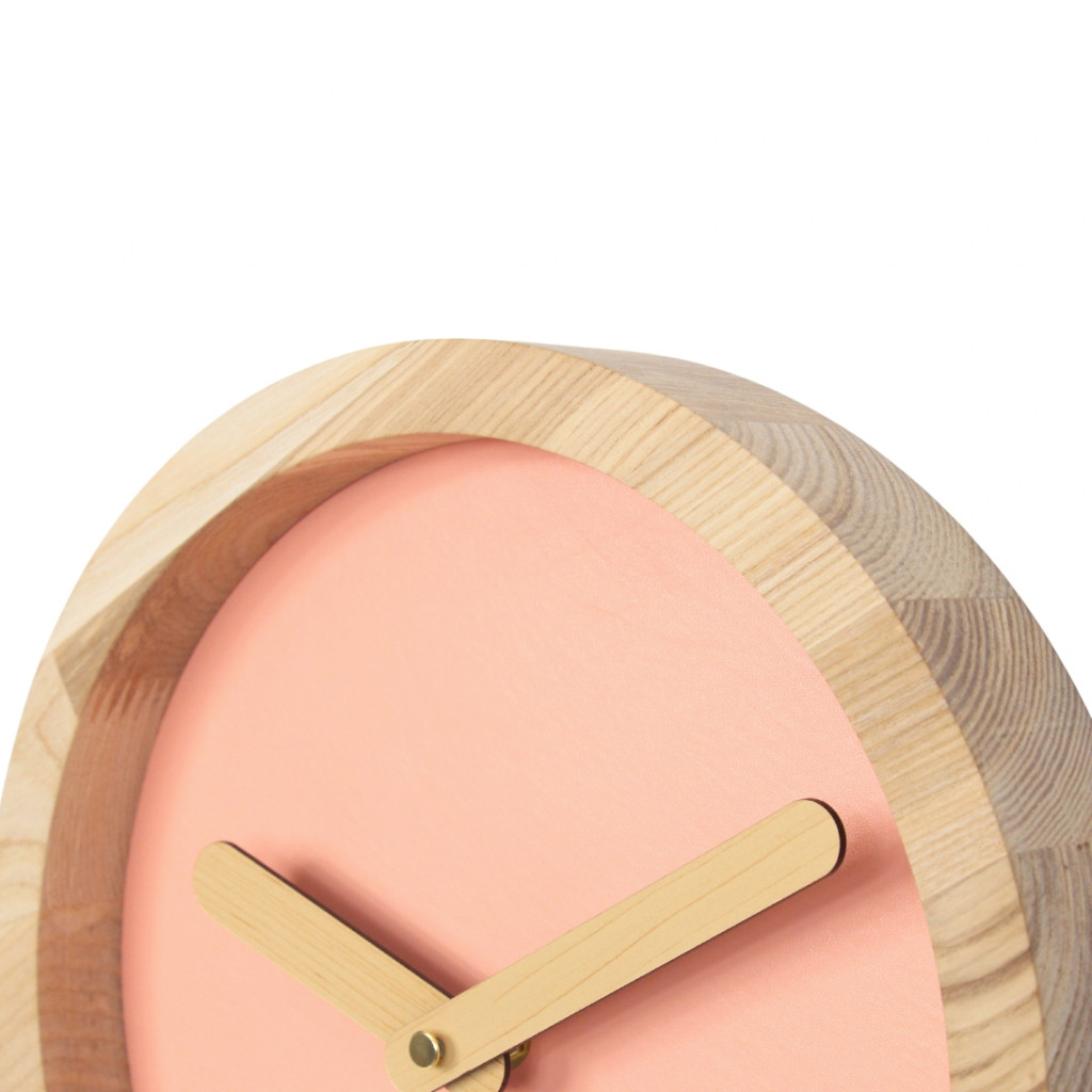 Light Wooden Round Clock (Pink Faux Leather)