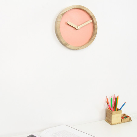 Light Wooden Round Clock (Pink Faux Leather)
