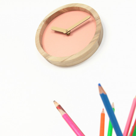 Light Wooden Round Clock (Pink Faux Leather)