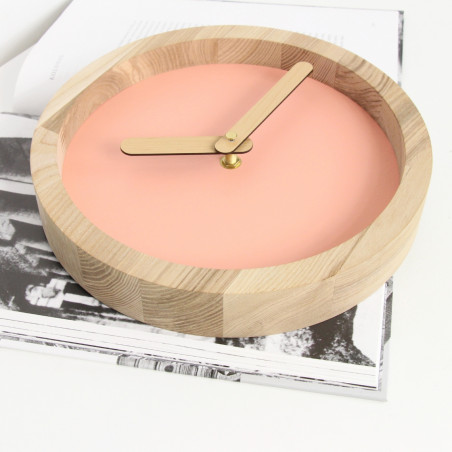 Light Wooden Round Clock (Pink Faux Leather)