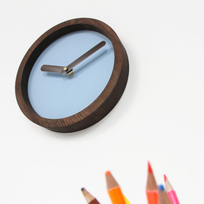 Dark Wooden Round Watch (Baby Blue Faux Leather)