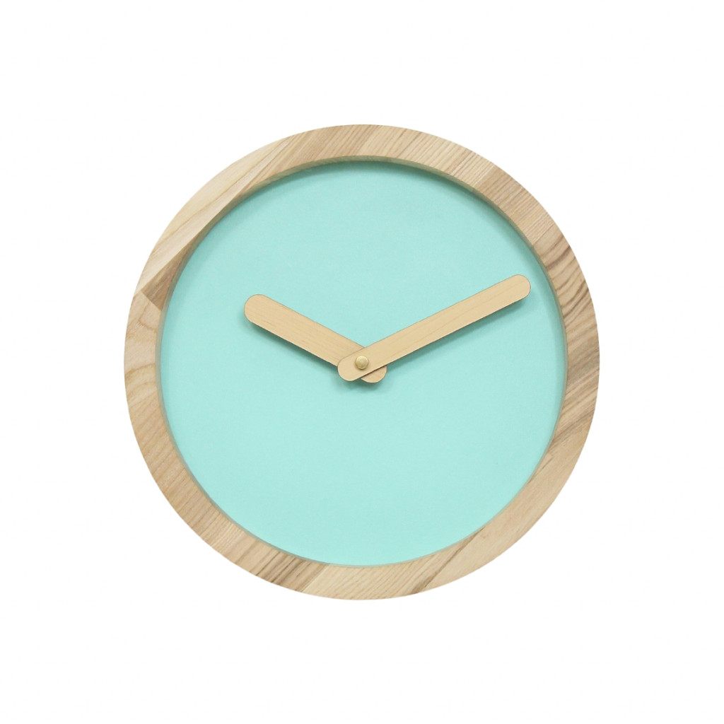 Light Wooden Round Clock (Mint Green Faux Leather)