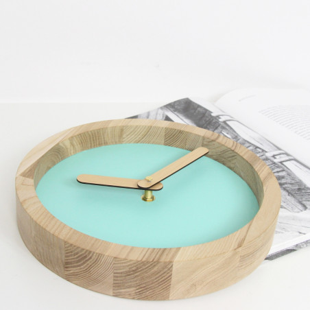 Light Wooden Round Clock (Mint Green Faux Leather)