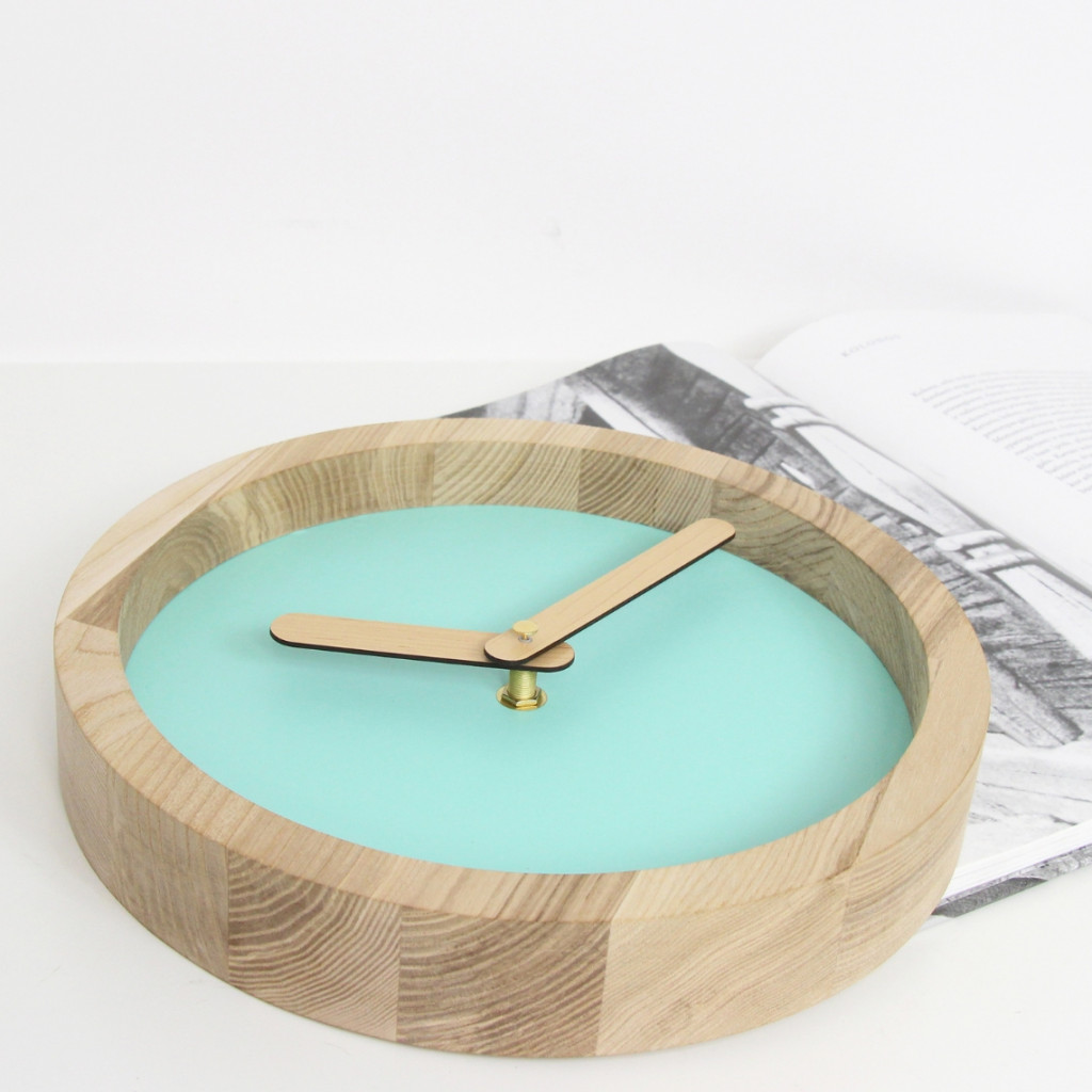 Light Wooden Round Clock (Mint Green Faux Leather)