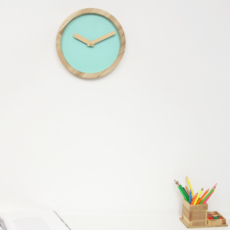 Light Wooden Round Clock (Mint Green Faux Leather)
