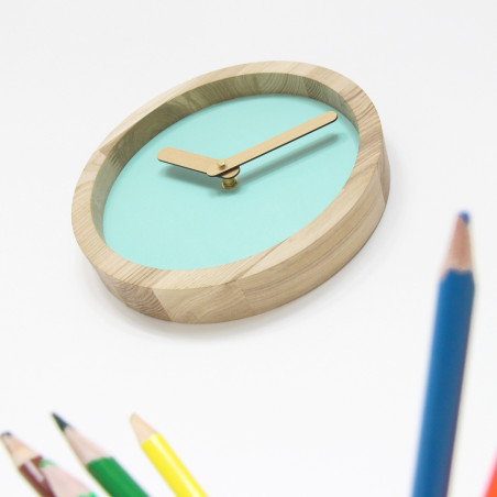 Light Wooden Round Clock (Mint Green Faux Leather)