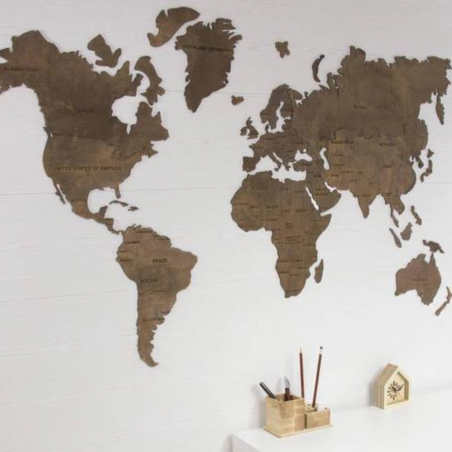 Wooden wall map of the world | Brown