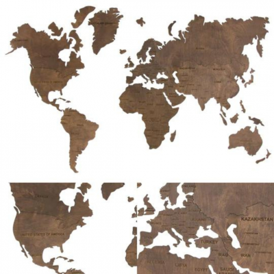 Wooden wall map of the world | Brown