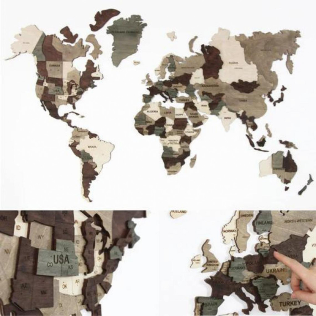 Wooden wall map of the world in 3D Wooden wall map of the world in 3D