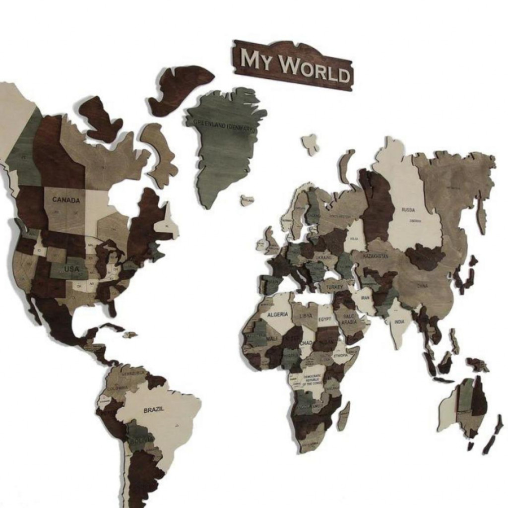 Wooden wall map of the world in 3D Wooden wall map of the world in 3D