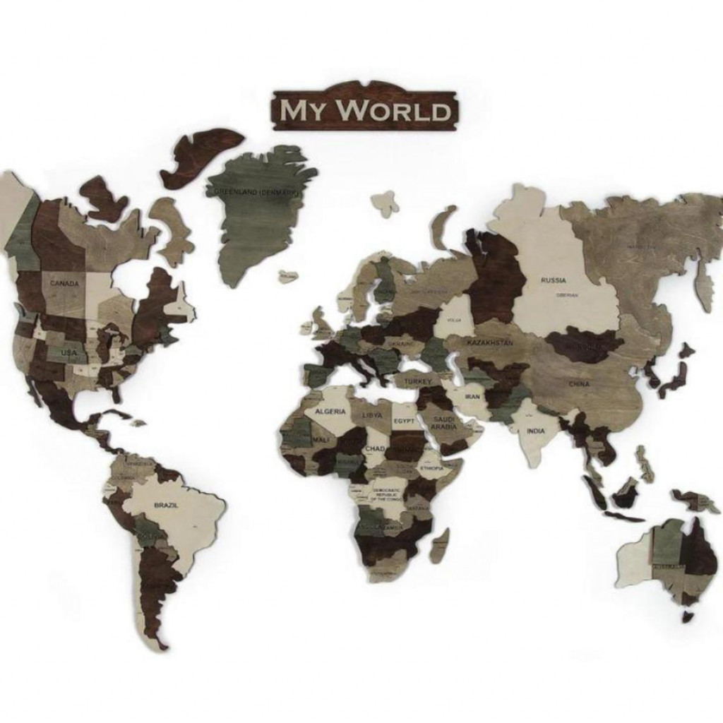 Wooden wall map of the world in 3D Wooden wall map of the world in 3D